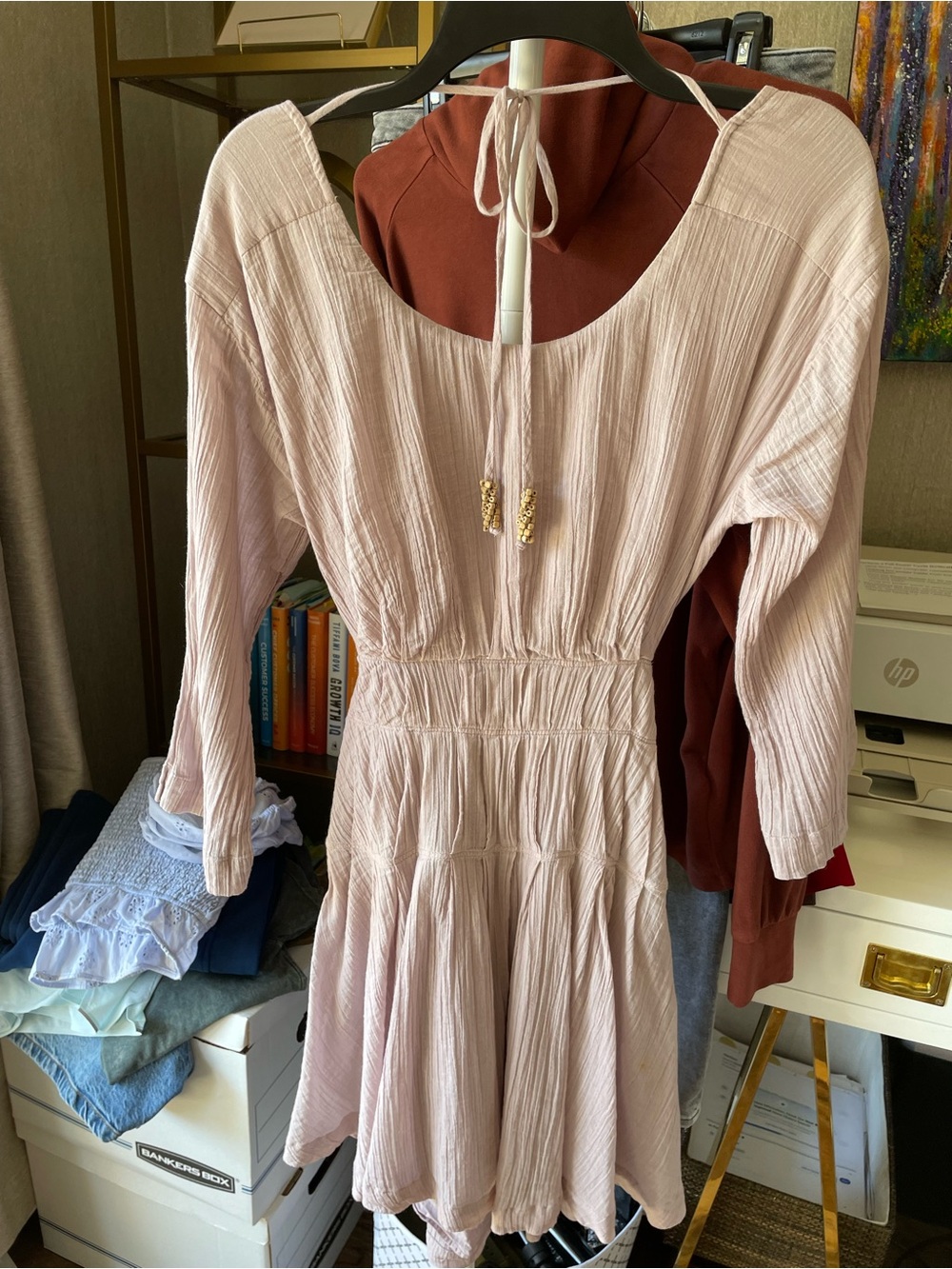 Blush Pink Boho Open Back Tiered Mini Dress Cottagecore